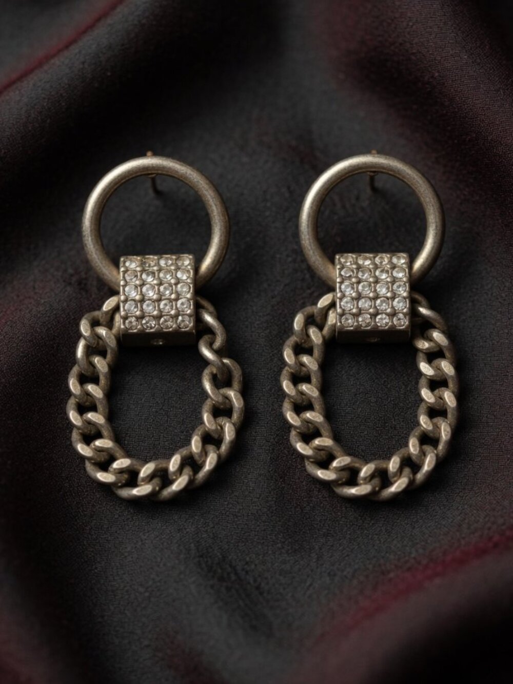 Unbranded Womens Drop Earrings One Size Silver Rhinestone Curb Chain Edgy